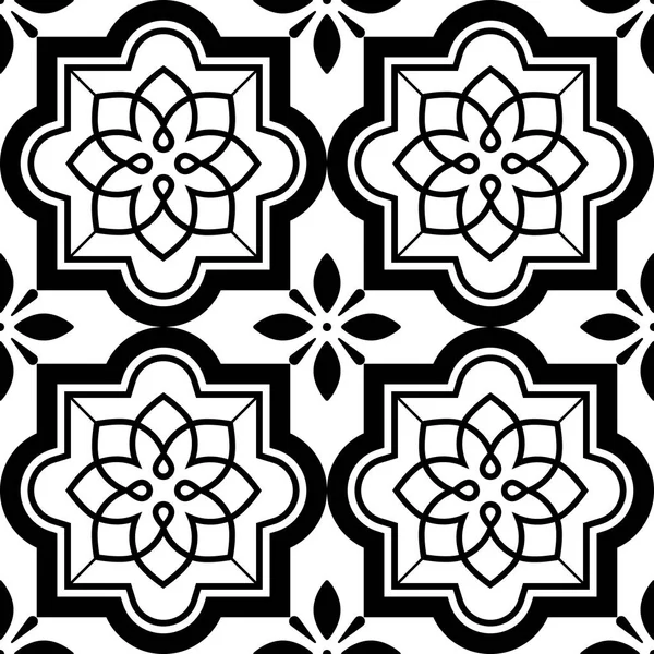 地中海のシームレスな黒と白の飾り、リスボン花モザイク セットのタイル パターン ベクトルします。 — ストックベクタ