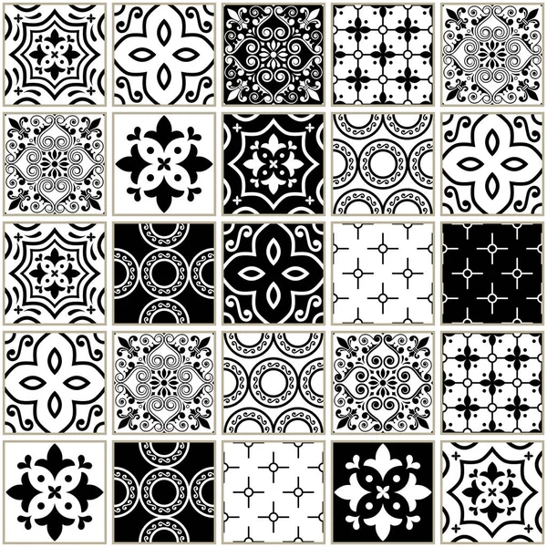 Veector navy blue tiles pattern, Azulejos - Portuguese seamless tile design, monochrome ceramics set — Stock Vector