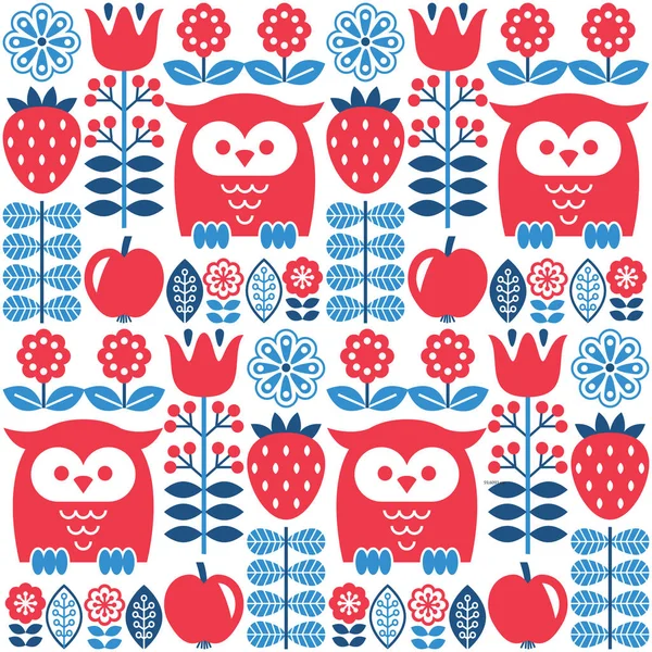 Scandinavian seamless cute pattern with owl and flower, inspired by Swedish and Finnish folk art, Nordic style — Stock Vector