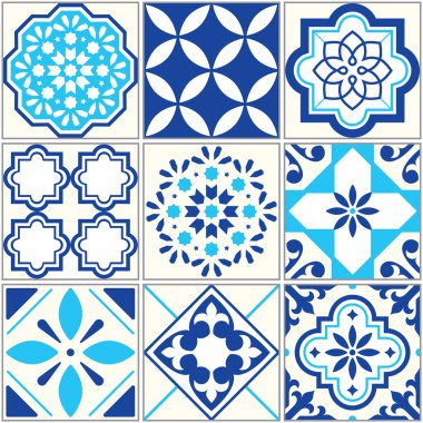 Vektör kiremit mavi model, Lizbon çiçek Mozaik, Akdeniz sorunsuz süsleme - Azulejos