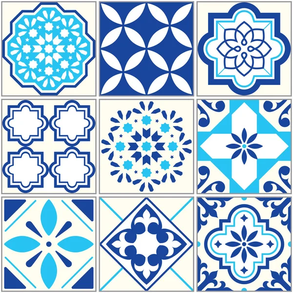 Telhas vetoriais padrão azul, Lisboa mosaico floral, ornamento sem costura mediterrânico - Azulejos — Vetor de Stock