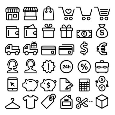 Satır simgeler alışveriş online, satın alma küme, minimalist sembolleri - büyük paketi mağazası 