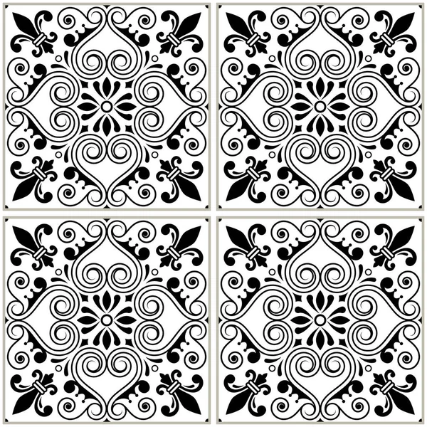 Portugalské dlažba vzor - Azulejo černé a bílé provedení, bezešvá vektorová modré pozadí, vintage mozaiky set — Stockový vektor