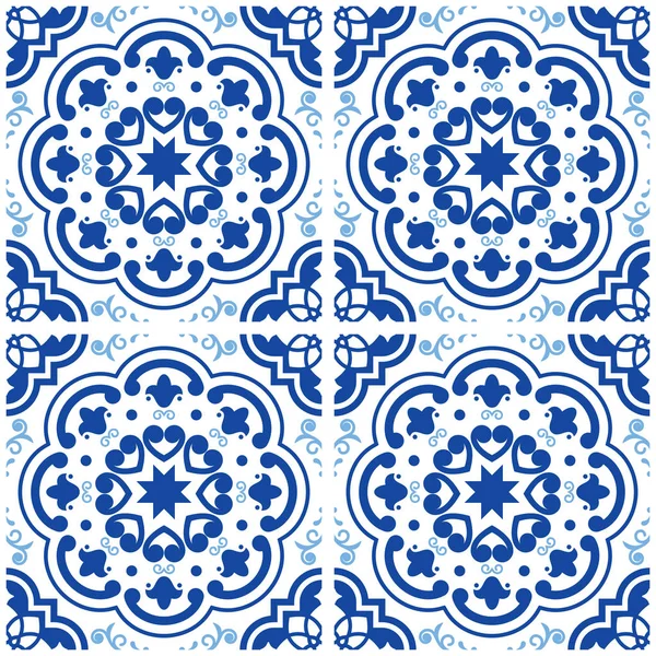Azulejos Portuguese tile floor pattern, Lisbon seamless indigo blue tiles, vintage geometric ceramic design, Spanish vector background — Stock Vector