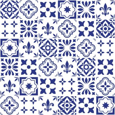Geometrik vektör çini tasarım, Portekizce veya Spnish sorunsuz lacivert fayans, Azulejos desen