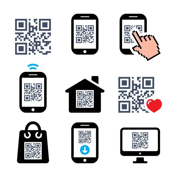 QR code on mobile or cell phone icons set — Stock Vector