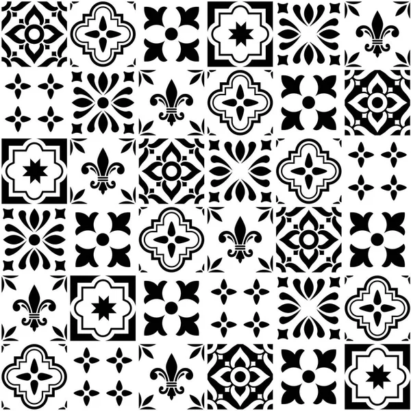 Carreaux vectoriels géométriques, carreaux noirs et blancs sans couture portugais ou espagnol, motif Azulejos — Image vectorielle