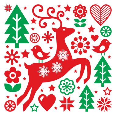 Christmas kırmızı ve yeşil desen, İskandinav halk sanatı, Ren geyiği, kuşlar ve çiçekler dekorasyon veya tebrik kartı 