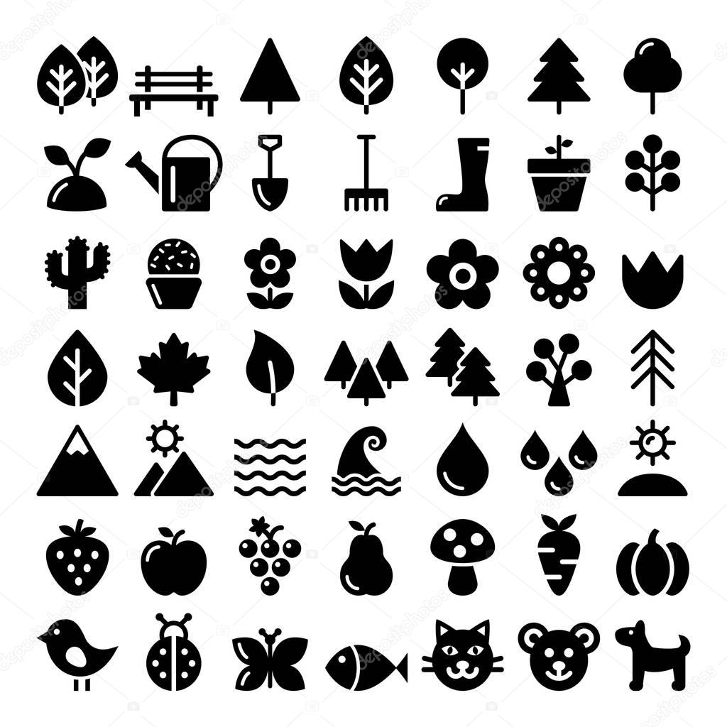 Nature vector icons set, park, outdoors animals, ecology, organic food design - big pack 