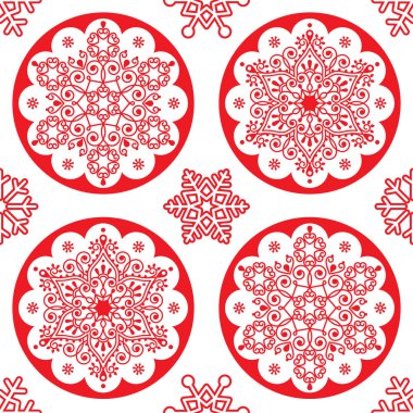 Noel vektör halk desen - kırmızı kar tanesi mandala sorunsuz tasarım, İskandinav tarzı Xmas duvar kağıdı, kağıt veya Tekstil ambalaj 