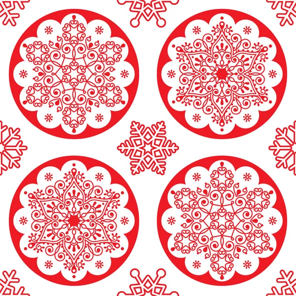 Patrón popular vector de Navidad - mandala copo de nieve rojo diseño sin costuras, estilo escandinavo papel pintado de Navidad, papel de embalaje o textil — Vector de stock