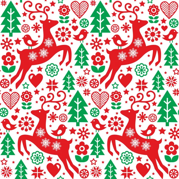 Patrón de vectores sin costura verde y rojo popular de Navidad, arte popular escandinavo, renos, decoración de aves y flores, papel pintado — Archivo Imágenes Vectoriales