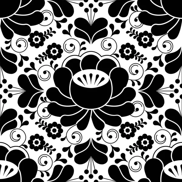 Russian seamless folk pattern, traditional black and white design with flowers — Stock Vector