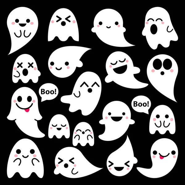 Lindo vector fantasmas iconos sobre fondo negro, conjunto de diseño de Halloween, colección de fantasmas Kawaii — Vector de stock