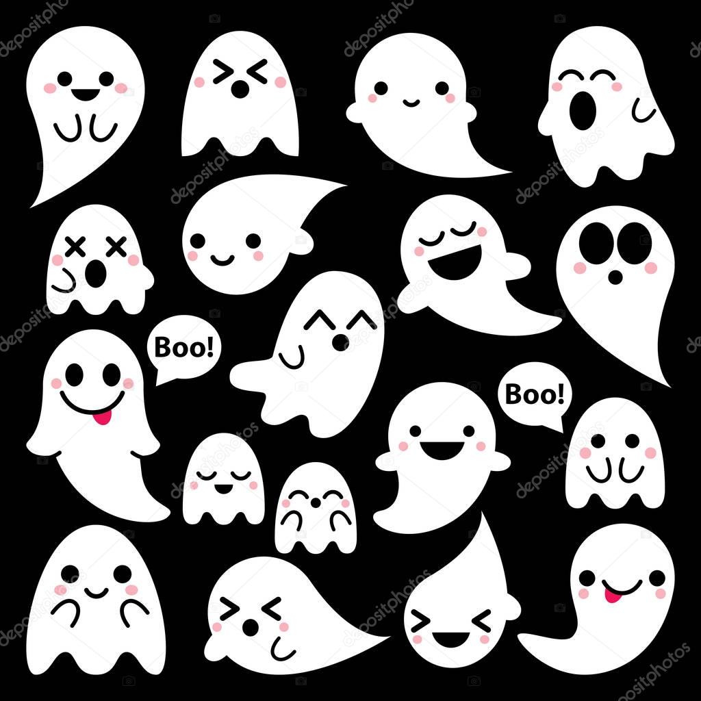 Cute vector ghosts icons on black background, Halloween design set, Kawaii ghost collection 