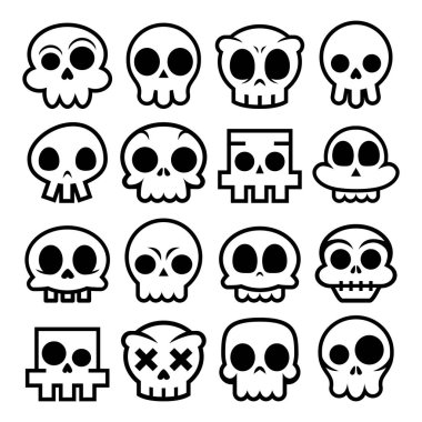 Cadılar Bayramı vektör karikatür kafatası simgeleri, Meksika şirin şeker kafatası set, Dia de los Muertos tasarım