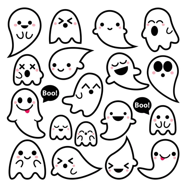 Lindos iconos de fantasmas vectoriales, conjunto de diseño de Halloween, colección de fantasmas de trazo negro Kawaii sobre fondo blanco — Vector de stock