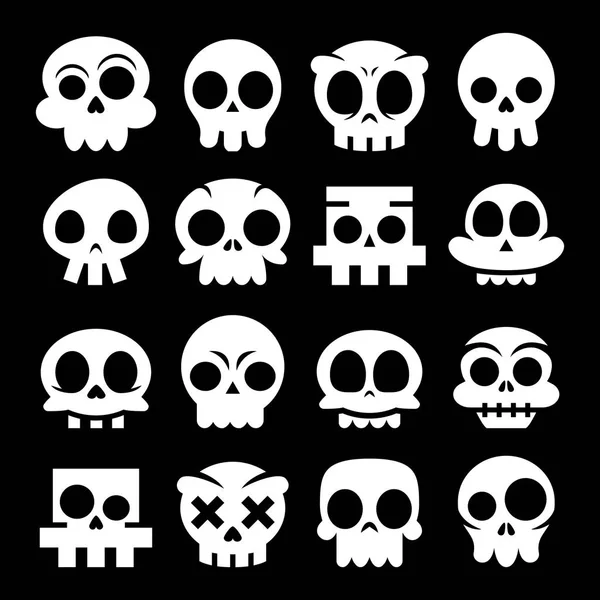 Хэллоуин векторные иконы черепа мультфильма, мексиканские белые милые сахарные черепа дизайн набор, Диа де лос Муэртос на черном фоне — стоковый вектор