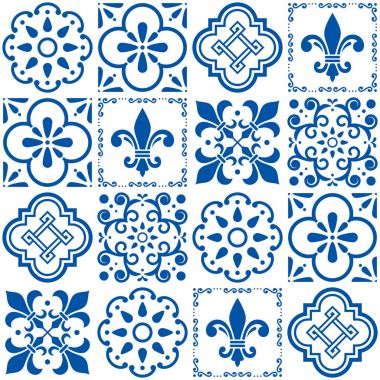  Portekizce vektör çini deseni, Lizbon sorunsuz çivit mavi çini tasarım, Azulejos vintage geometrik seramik