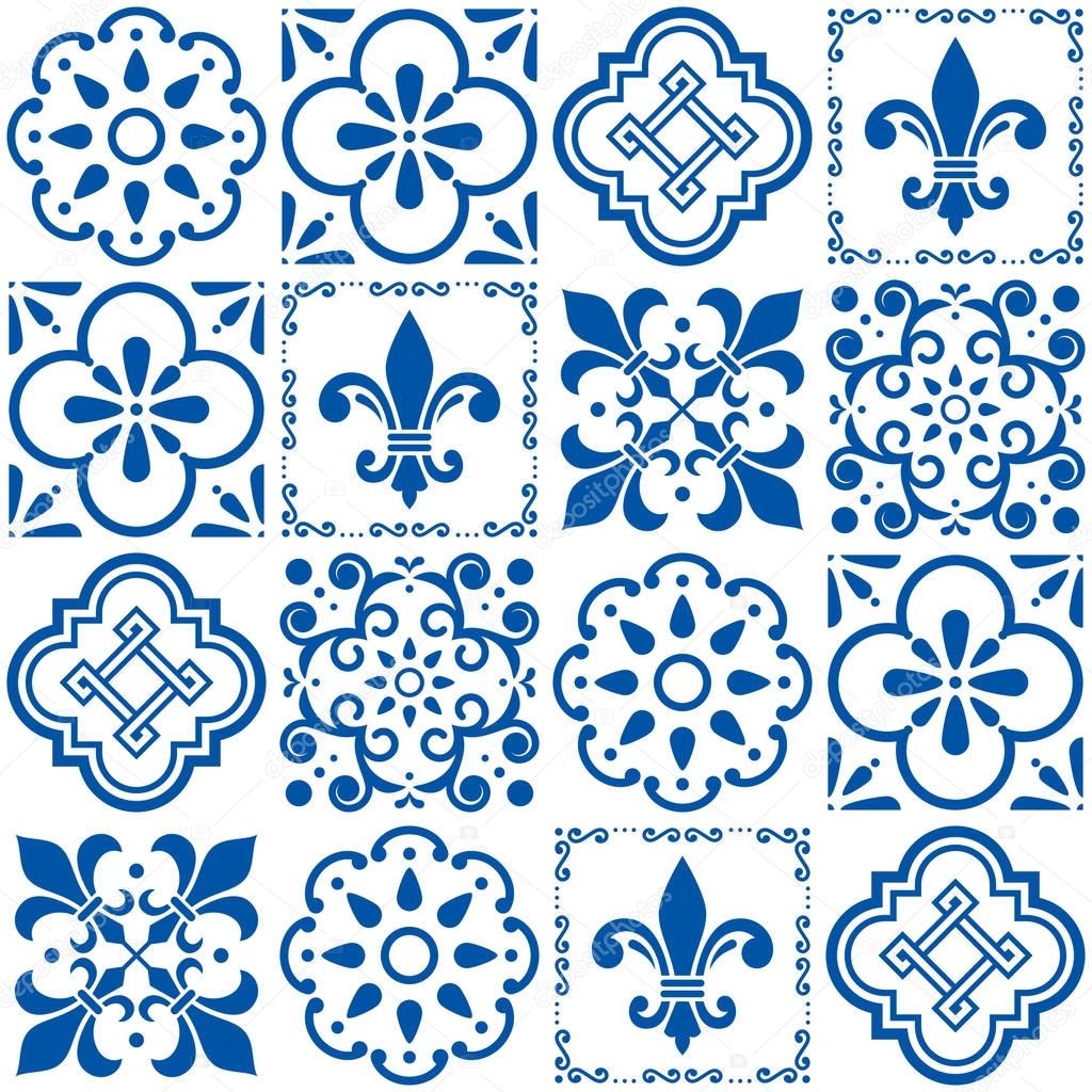  Portuguese vector tiles pattern, Lisbon seamless indigo blue tile design, Azulejos vintage geometric ceramics