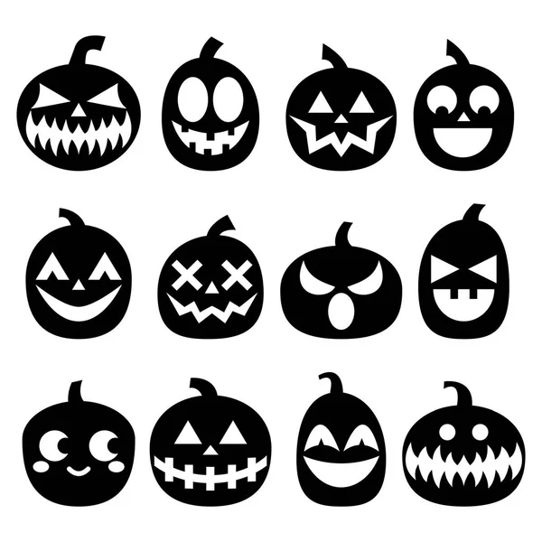 Pumpa vektor ikoner set, Halloween läskiga ansikten designuppsättning, skräck dekoration i svart på vit bakgrund — Stock vektor