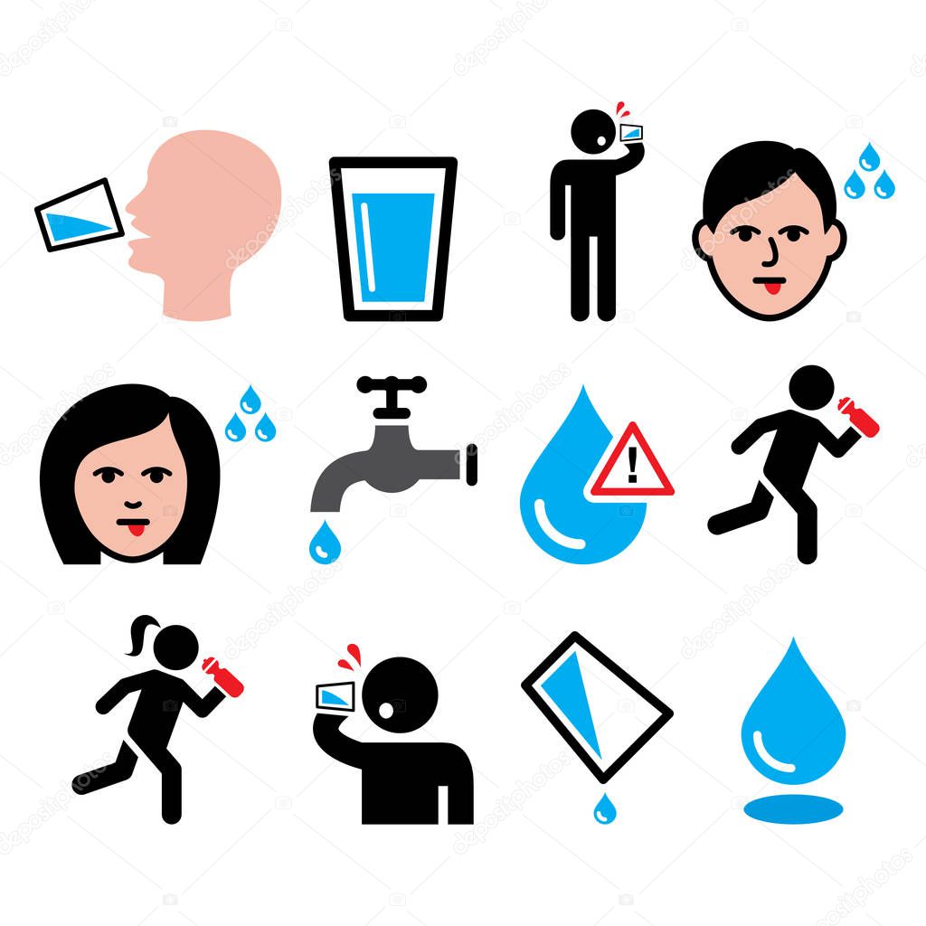  Thirsty man, dry mouth, thirst, people drinking water icons set 