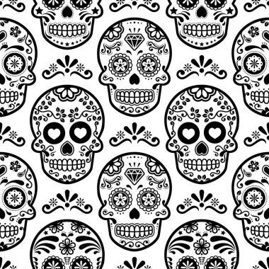 Meksika şeker kafatası vektör seamless modeli, Cadılar Bayramı şeker kafatası arka plan, gün ölü kutlama, Calavera tasarım 