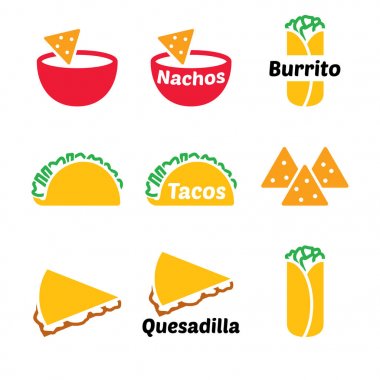 Meksika yemeği vektör Icon set - Taco, cips, börek, quesadilla 