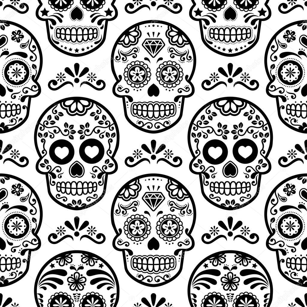 Mexican sugar skull vector seamless pattern, Halloween candy skulls background, Day of the Dead celebration, Calavera design 