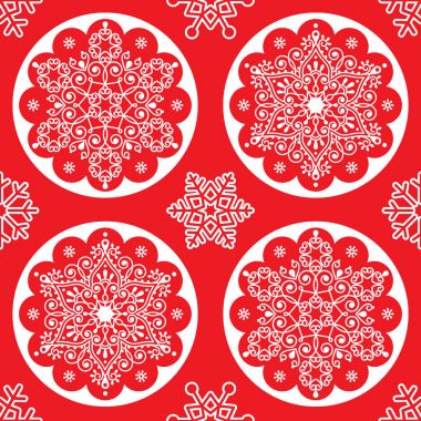 Noel vektör halk kırmızı, İskandinav tarzı Xmas duvar kağıdı üzerinde beyaz kar tanesi Mandala sorunsuz tasarım desen