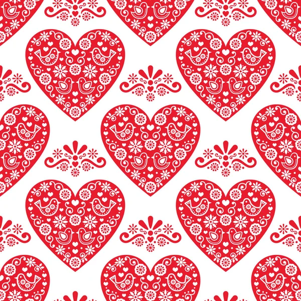 Folk hart vector naadloze patroon, Scandinavische Valentine's dag design met rode harten op witte achtergrond — Stockvector