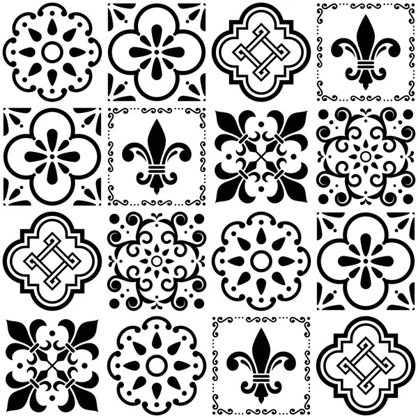 Motif de tuiles vectorielles portugaises, design de tuiles blanches et noires sans couture Lisbonne, ensemble géométrique vintage Azulejos — Image vectorielle