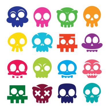 Cadılar Bayramı vektör karikatür kafatası simgeleri, Meksika şirin şeker kafatası set, Dia de los Muertos tasarım