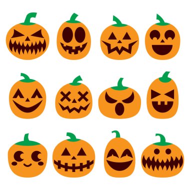 Kabak vektör simgeler kümesi, Cadılar Bayramı korkutucu yüzler seti, korku dekorasyon tasarım.