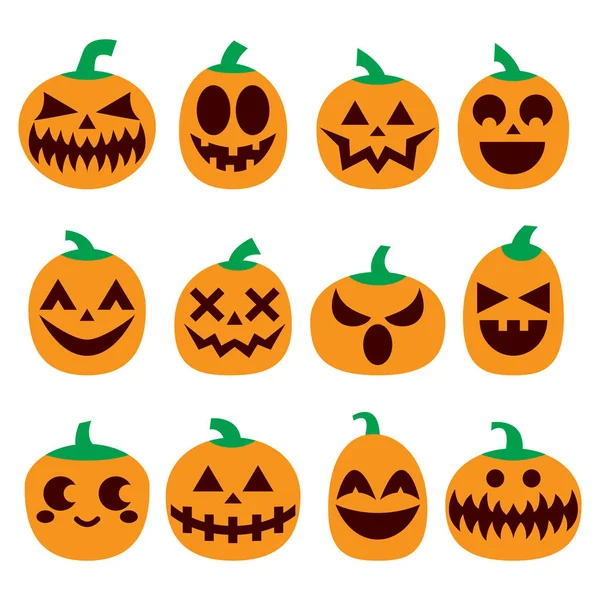 Pumpa vektor ikoner set, Halloween läskiga ansikten designuppsättning, skräck dekoration — Stock vektor