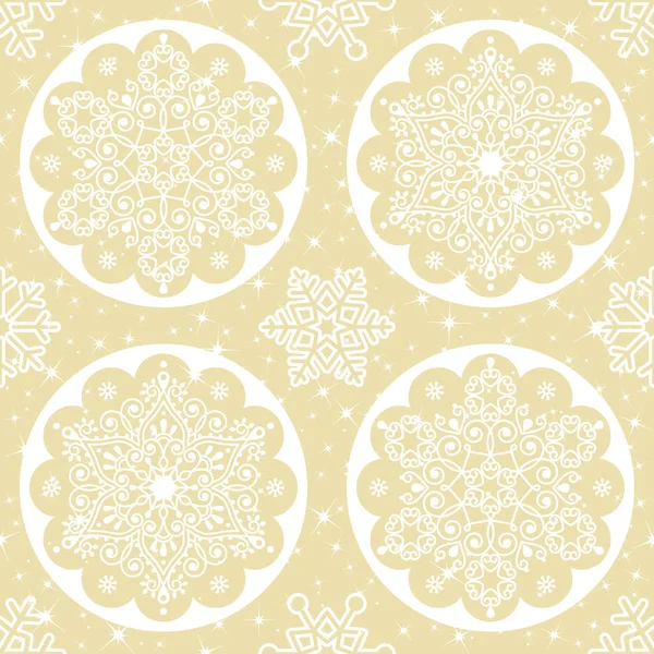 Weihnachten Vektor Folk Muster - weiße Schneeflocke Mandala nahtloses Design auf goldenem Hintergrund, skandinavischen — Stockvektor