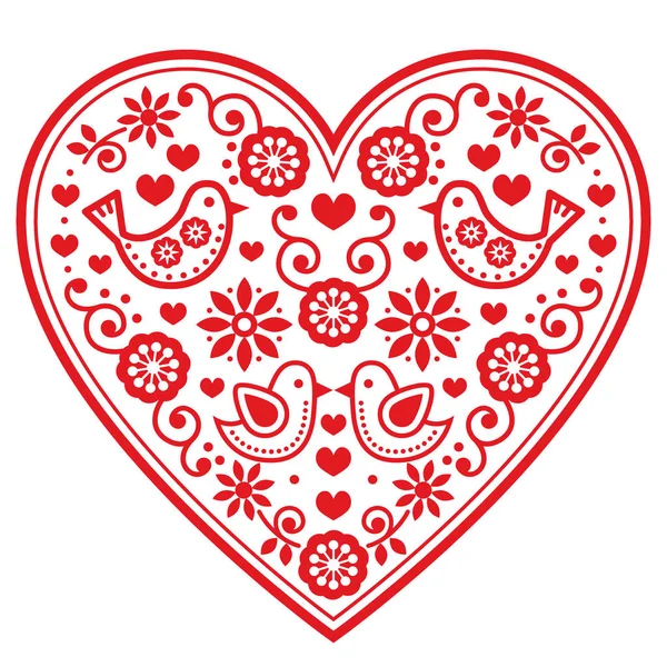 Volksherz-Vektormuster mit Blumen und Vögeln - Valentinstag, Hochzeit, Geburtstagsgrußkarte — Stockvektor
