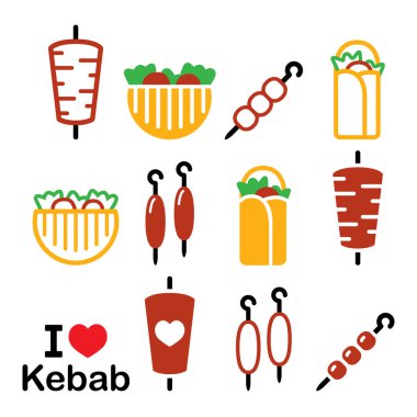 Döner kebap vektör ikonlar, kebap şal veya pide ekmek, şiş ve adana kebap şişleri tasarım ayarla  