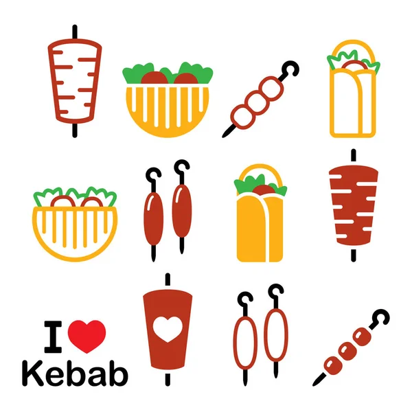 Doner kebab vector iconos, kebab en papel o pan pita, shish y adana kebab pinchos de diseño conjunto — Vector de stock