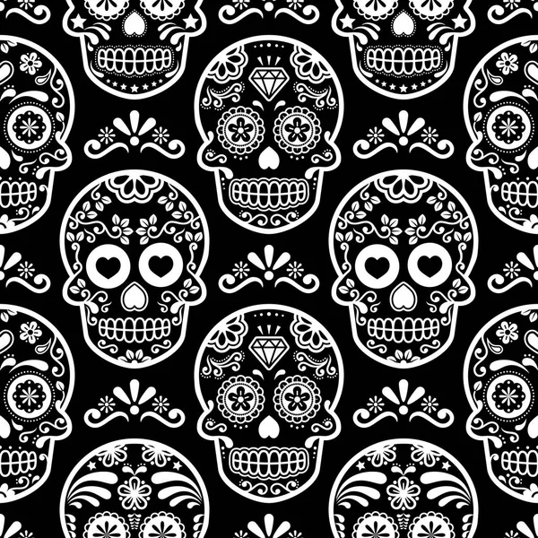 Meksika şeker kafatası vektör seamless modeli siyah, Cadılar Bayramı beyaz şeker kafatası arka planda, gün ölü kutlama, Calavera tasarım 