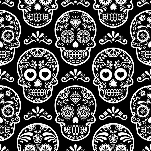 Mexican sugar skull vector seamless pattern on black, Halloween white candy skulls background, Day of the Dead celebration, Calavera design 