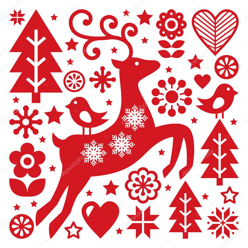 Scandinavian Christmas vector pattern, Nordic folk art, reindeer, birds and flowers decoration or greeting card 