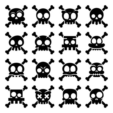 Cadılar Bayramı vektör karikatür kafatası kemikleri simgeleri ile Meksika sevimli siyah şeker kafatası set, Dia de los Muertos Tasarla