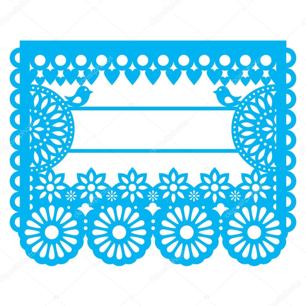 Mexican Papel Picado blank text template design - traditional vector garland pattern with floral pattern 