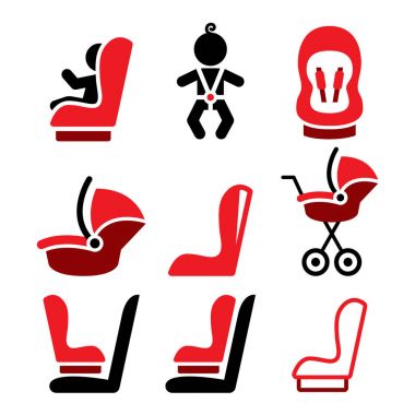 Bebek Oto Koltuğu vektör ikonlar, yürümek Oto Koltuğu - güvenli çocuk simgeler seyahat 
