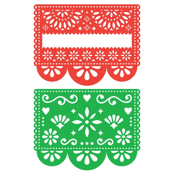 Conjunto de diseño de plantilla de vector Papel Picado mexicano, decoraciones de papel recortado flores y formas geométricas, pancartas de dos partes — Archivo Imágenes Vectoriales