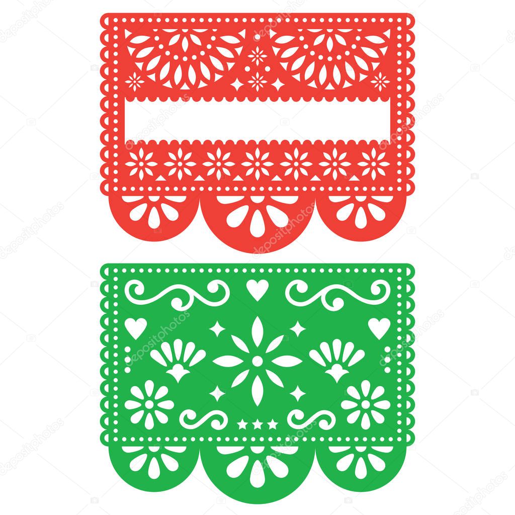 Mexican Papel Picado vector template design set, cutout paper decorations flowers and geometric shapes, two party banners