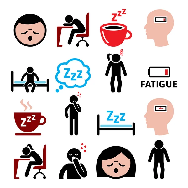 Conjunto de iconos vectoriales de fatiga, diseño de hombre y mujer cansado, estresado o somnoliento — Vector de stock