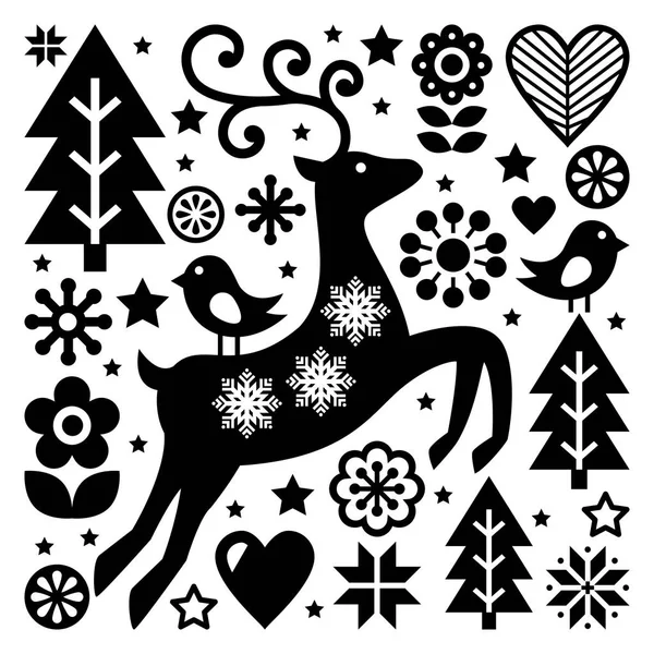 Christmas black and white folk vector pattern, Scandinavian folk art, reindeer, birds and flowers — Stock Vector