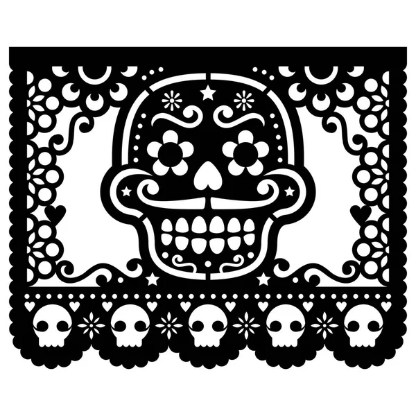 Mexicaanse suiker skull vector papier decoraties - Papel Picado zwarte ontwerp voor Halloween, de Dia de Los Muertos, de dag van de doden — Stockvector